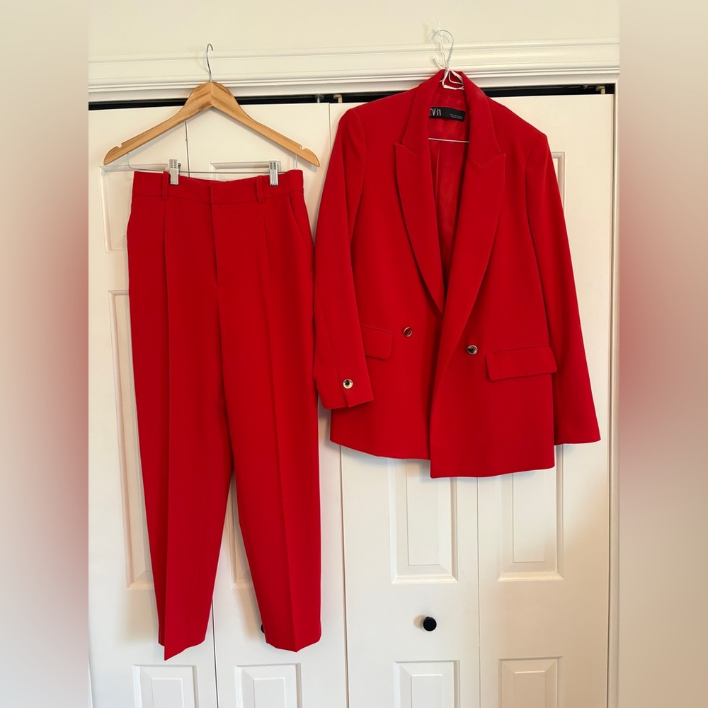 Zara Bright Red Blazer and Trousers Set